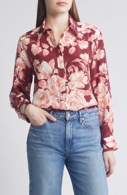 Liberty London Relaxed Floral Silk Button-Up Shirt in Burgundy