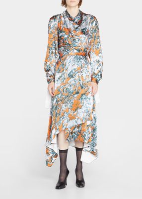 Lichen Bloom Hammered Silk Midi Dress with Cut-Outs