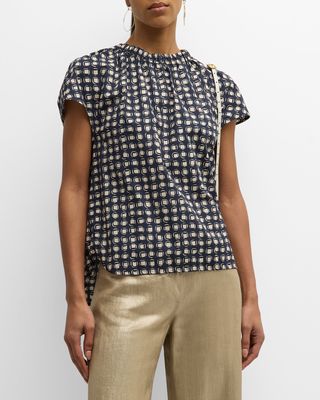 Licia Abstract-Print Cap-Sleeve Drawstring-Neck Cotton Top