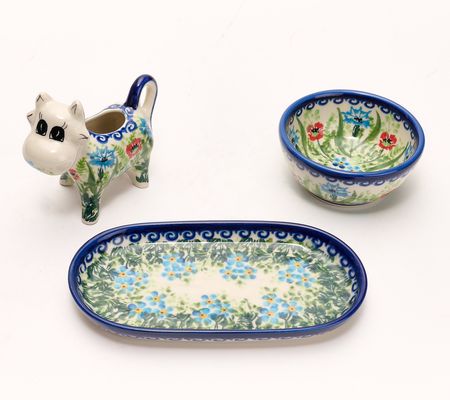 Lidia's Polish Pottery Cow Creamer w/Sugar Bowl & Tray