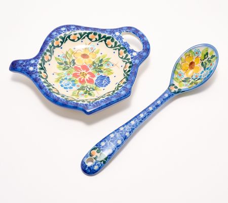 Lidia's Polish Pottery Hand Painted Tea Spoon & Tea Bag Holder