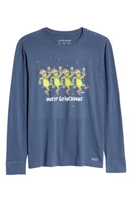 LIFE IS GOOD Men's Merry Grinchmas Crewneck Cotton Graphic Tee in Darkest Blue