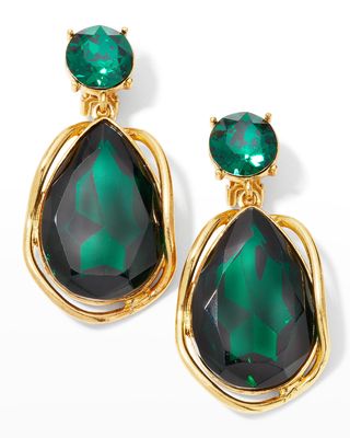 Light Antique Gold with Round Emerald Top Emerald Teardrop Clip Earrings