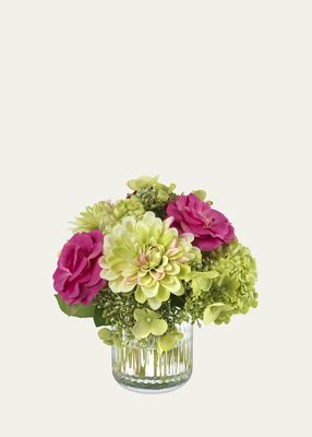 Light Green Dahlias and Pink Roses in a Ribbed Vase