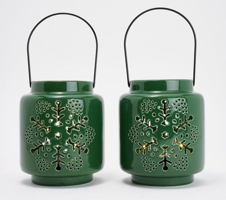 Lightscapes Set of 2 Indoor/Outdoor 6" Ceramic Winter Lanterns