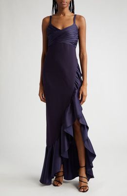 LIKELY Billie Pleated Ruffle Gown in Navy