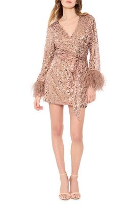LIKELY Bridges Sequin Tie Belt Genuine Ostrich Feather Wrap Dress in Rose Gold
