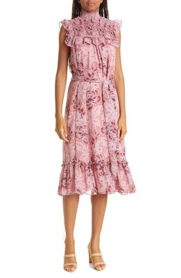 LIKELY Gio Floral Print Smocked Ruffle Chiffon Midi Dress in Peony/Periwinkle