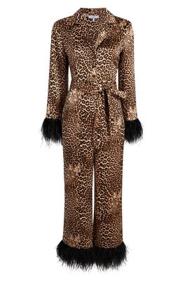 LIKELY Lawerence Animal Print Feather Trim Jumpsuit in Toffee Multi