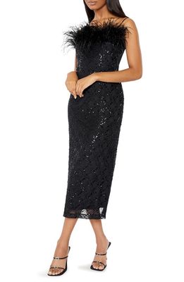 LIKELY Lucca Sequin Faux Feather Trim Midi Dress in Black