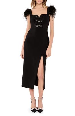 LIKELY Rizzo Crystal Bow Feather Trim Midi Dress in Black