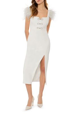 LIKELY Rizzo Crystal Bow Feather Trim Midi Dress in White