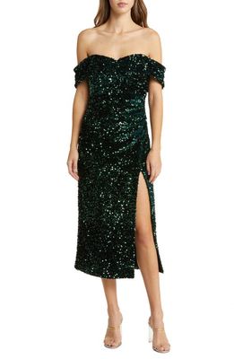 LIKELY Ronan Off the Shoulder Sequin Midi Dress in Emerald