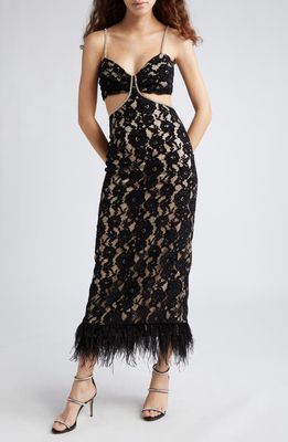 LIKELY Sarah Cutout Lace Feather Trim Maxi Dress in Black