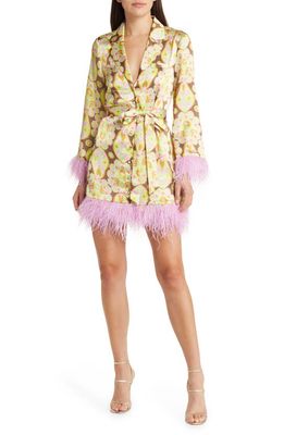 LIKELY Virginia Floral Feather Trim Long Sleeve Coat Minidress in Desert Palm Multi