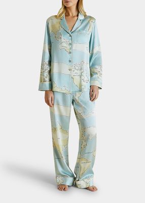 Lila Silk Map-Print Pajama Set