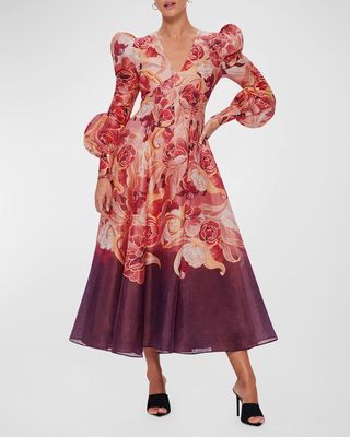 Lilah Bishop-Sleeve Floral-Print Midi Dress