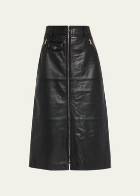 Lilia Zip-Front Leather Midi Skirt