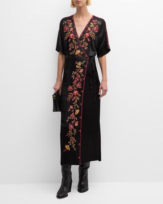 Lilith Floral-Embroidered Midi Wrap Dress