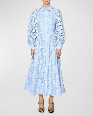 Lilli Floral Lace Blouson-Sleeve Maxi Shirtdress