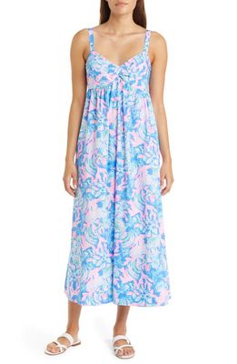 Lilly Pulitzer Azora Floral Cotton Sundress in Blue Tang Sitting Seaside