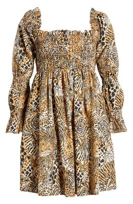 Lilly Pulitzer Beyonca Print Smocked Long Sleeve Dress in Rattan Walk On The Wild Side