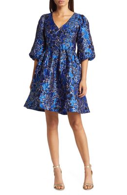 Lilly Pulitzer Calyssa Balloon Sleeve Brocade Dress in Blue Grotto Twilight Floral