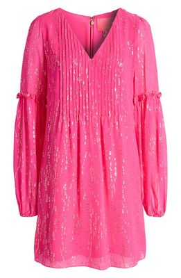 Lilly Pulitzer Cleme Metallic Fil Coupé Long Sleeve Silk Chiffon Shift Dress in Pink Palms Fish Clip Chiffon