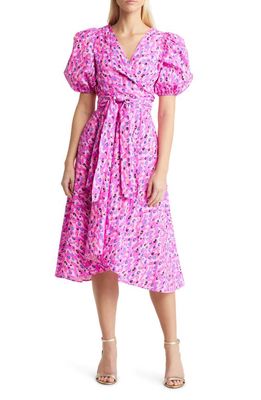 Lilly Pulitzer® Juney Puff Sleeve Faux Wrap Midi Dress in Wild Fuchsia Spotted In Love