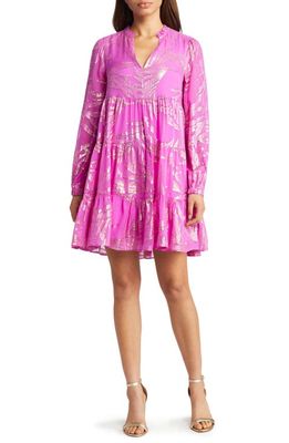 Lilly Pulitzer® Sarita Metallic Long Sleeve Silk Blend Dress in Wild Fuchsia Palm Leaf