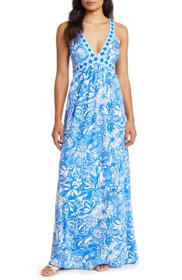Lilly Pulitzer Serena V-Neck Maxi Sundress in Blue Tang Flocking Fabulous