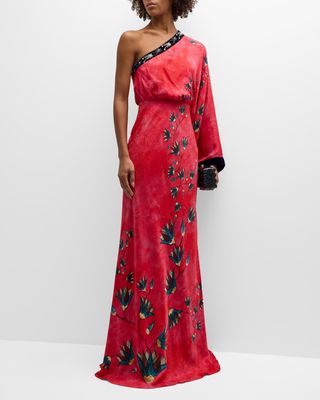 Lily One-Shoulder Floral Silk Kimono Gown