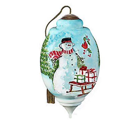 Limited Edition Wintery House And Snowman In Wo ods Ornament