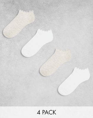 Lindex 4-pack ribbed ankle socks with frill edge in white and beige-Multi
