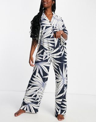 Lindex boxy revere shirt and wide leg pants pajama set in navy palm print