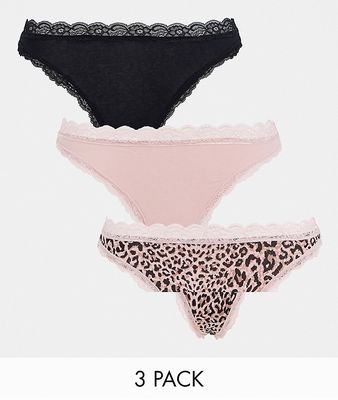 Lindex Exclusive Emelie 3 pack cotton thong in animal print combination - BLACK