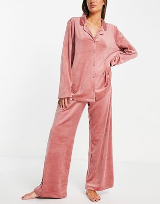 Lindex Jessica poly velour camp collar top and pants pajama set in dusty pink - LPINK