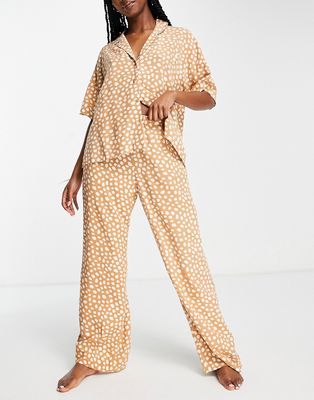 Lindex revere top and wide leg pants pajama set in beige spot print-Neutral