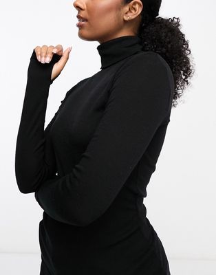 Lindex ribbed merino wool turtle neck base layer top with thumb hole detail in black