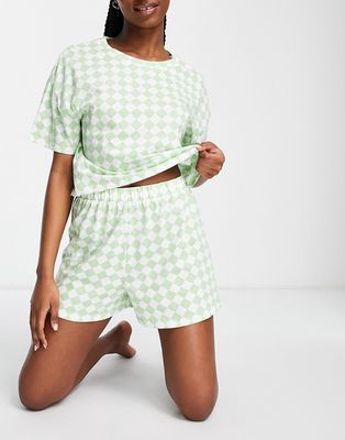 Lindex SoU cotton cropped t-shirt and short pajama set in green harlequin print - LGREEN