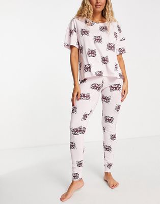 Lindex SoU cotton pajama set in pink cat print