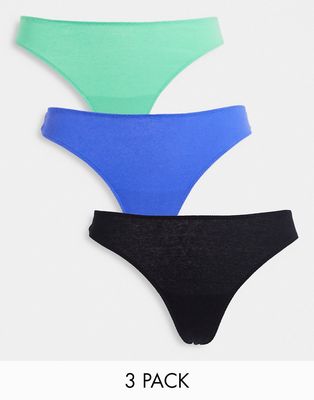 Lindex SoU Nova 3 pack cotton rib thongs in black, blue and green - MULTI
