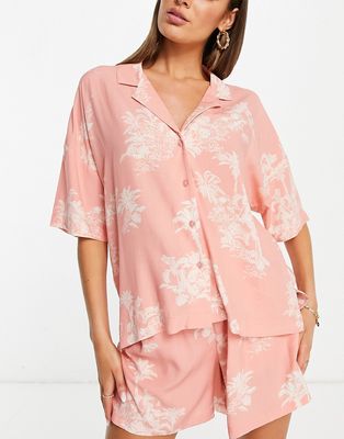 Lindex woven camp collar top and shorts pajama set in coral palm tree print-Orange