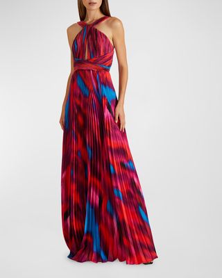 Lindley Pleated Charmeuse Halter Gown