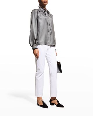 Lindsey Ruffle Tie-Neck Twill Blouse