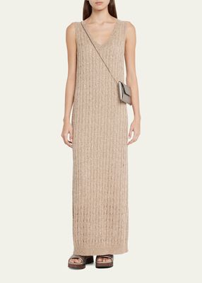 Linen-Blend Diamante Cable Knit Maxi Dress