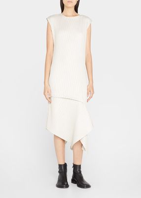 Linen-Like Pleats Asymmetric Midi Dress