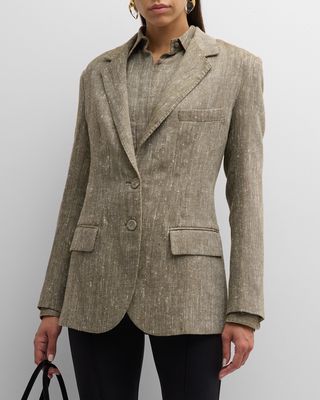 Linen-Silk Houndstooth Single-Breasted Blazer Jacket