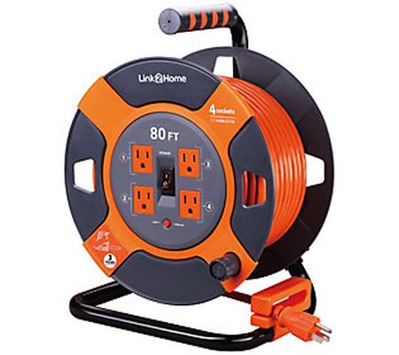 Link2Home 80' Extension Cord Reel with 4 Groune d Outlets