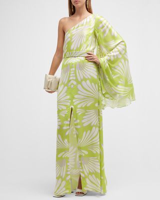 Lio One-Shoulder Angel-Sleeve Maxi Dress